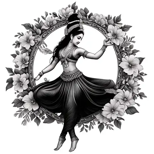 realistic Khmer female dancer gracefully, surrounded within a frame of flowers, with the frame just bottom and left tattoo design idea