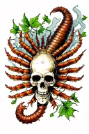 centipede and skull surrounded by ivy leaves and smoke tattoo design idea