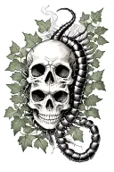 centipede and skull surrounded by ivy leaves and smoke tattoo design idea