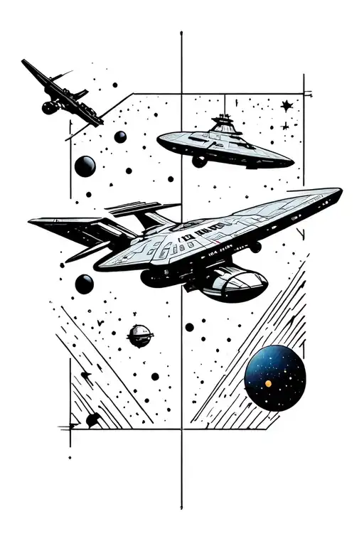 A sketch of a tattoo on the theme of space, medium size, in the style of minimalism and graphics, color, with a galaxy and a ship of Enterprise. tattoo design idea