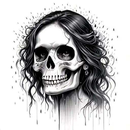 beautiful woman face half skull happy rain storm  tattoo design idea