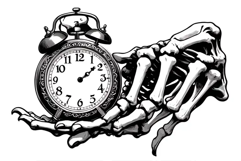 Skeleton hand holding a clock tattoo design idea