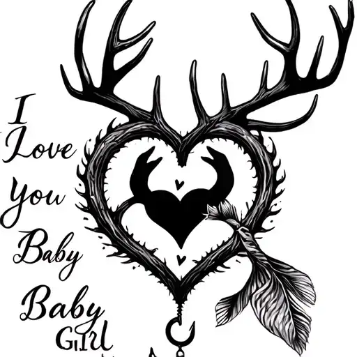 deer antlers making a heart with a fish hook intertwined. Add I love you baby girl ~dad tattoo design idea
