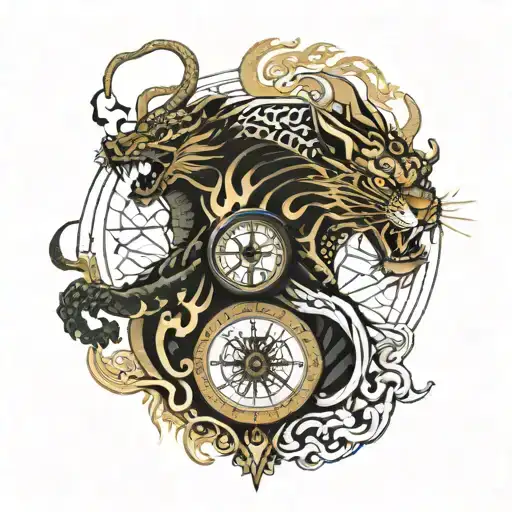 Two Dragons outside with fire and lightning with half face of lion and half face of tiger inside of it a compass from he tattoo design idea