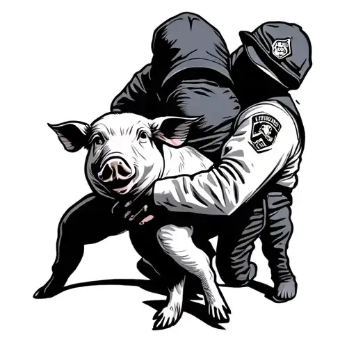 A tattoo outline of A man wearing a hoodie with a ski mask on holding a pig in a cops uniform in a headlock while shovin tattoo design idea