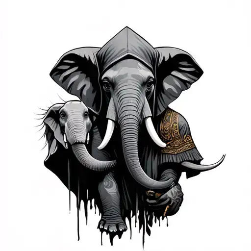 hooded warrior with elephant holding tattoo design idea