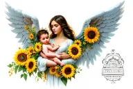 Mom Holding Angel Baby wings sunflowers tattoo design idea