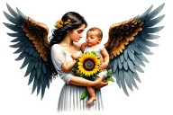 Mom Holding Angel Baby wings sunflowers tattoo design idea