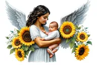 Mom Holding Angel Baby wings sunflowers tattoo design idea