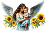 Mom Holding Angel Baby wings sunflowers tattoo design idea