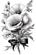 Poppy, Forget me not, Carnation, Violet, Peony, Lily of The Valley with a ribbon tattoo design idea