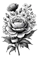 Poppy, Forget me not, Carnation, Violet, Peony, Lily of The Valley with a ribbon tattoo design idea