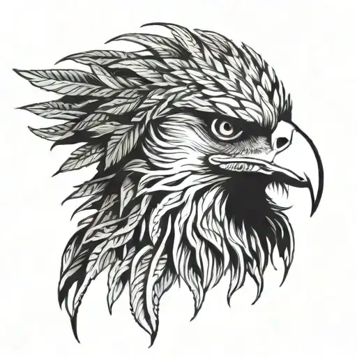 Eagle head, profile. Cannabis-leaf shaped feathers encircle head, radiating outwards. Detailed.   tattoo design idea