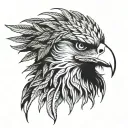 Eagle head, profile. Cannabis-leaf shaped feathers encircle head, radiating outwards. Detailed.   tattoo design idea