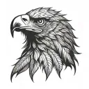 Eagle head, profile. Cannabis-leaf shaped feathers encircle head, radiating outwards. Detailed.   tattoo design idea