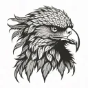 Eagle head, profile. Cannabis-leaf shaped feathers encircle head, radiating outwards. Detailed.   tattoo design idea