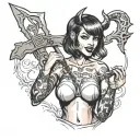 A she-devil with a bob haircut, with devil horns on her head, holds a knife in her hands and licks it. She has a size 3 breast, penta tattoo design idea