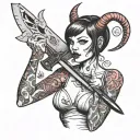 A she-devil with a bob haircut, with devil horns on her head, holds a knife in her hands and licks it. She has a size 3 breast, penta tattoo design idea