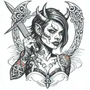 A she-devil with a bob haircut, with devil horns on her head, holds a knife in her hands and licks it. She has a size 3 breast, penta tattoo design idea
