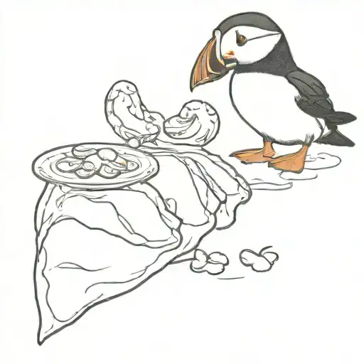 a puffin eating tortellini, include some cat footprint tattoo design idea
