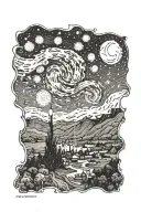 Vincent Van Gogh's Starry Night in a 11 x 4cm rectangle, with elements extending beyond the frame tattoo design idea