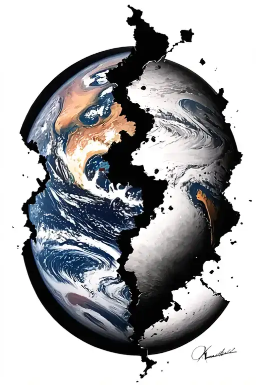 black and white planet breaking apart and being pulled in one direction tattoo design idea