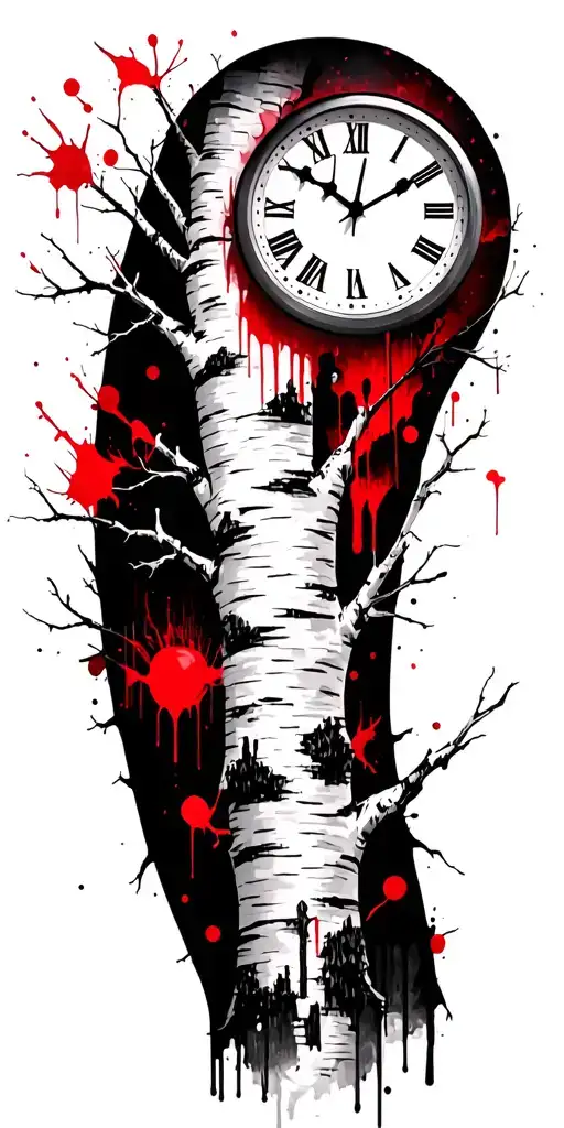 birch tree white branches and three clocks tattoo design idea