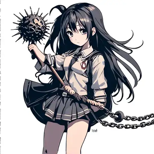 anime high school girl holding a flail spiked ball on chain tattoo design idea