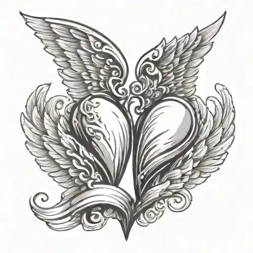 two hearts interlocking with angel wing lifting it towards the sky tattoo design idea
