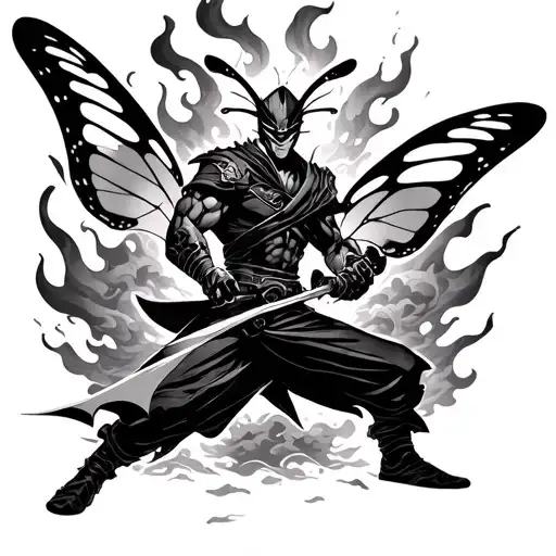 sub zero and Raiden in fighting stance with clouds and flames as the border with a butterfly in there  tattoo design idea