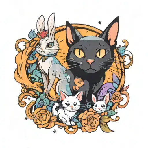 A mystical adventure anime scene featuring a cat, dog, and rabbit in a fantasy world tattoo design idea