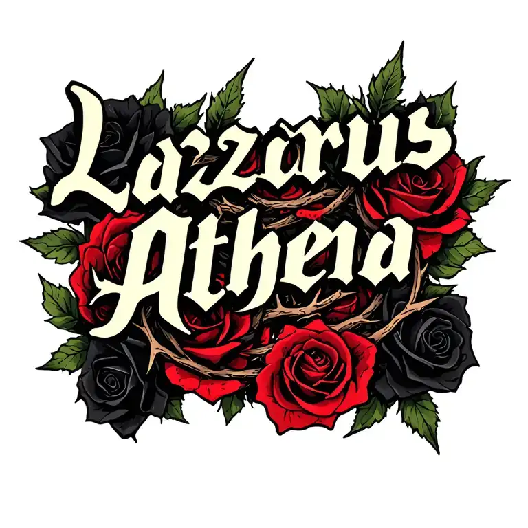 the name "Lazarus Athena" in gothic cursive with thorns wrapped around the letters and black and red roses behind it tattoo design idea