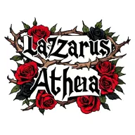 the name "Lazarus Athena" in gothic cursive with thorns wrapped around the letters and black and red roses behind it tattoo design idea