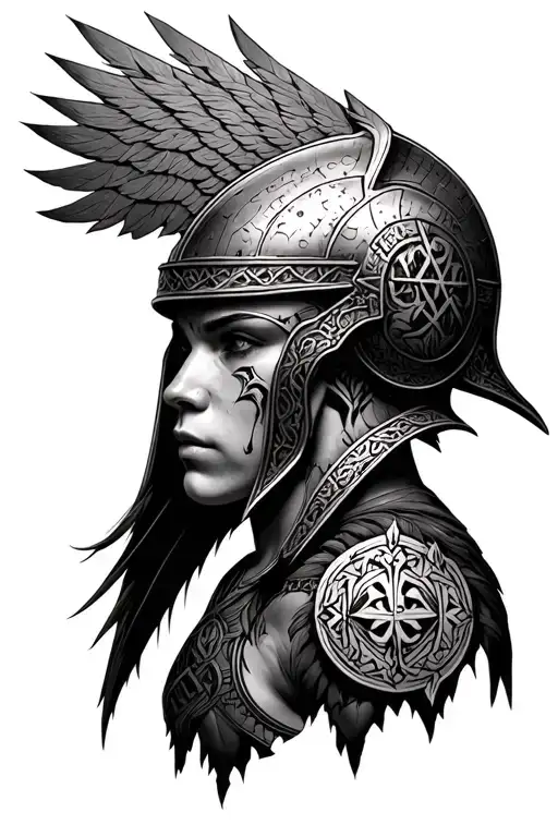 god of war Valkyrie gunnr, realism, Nordic runes, helmet, symmetrical, front facing tattoo design idea