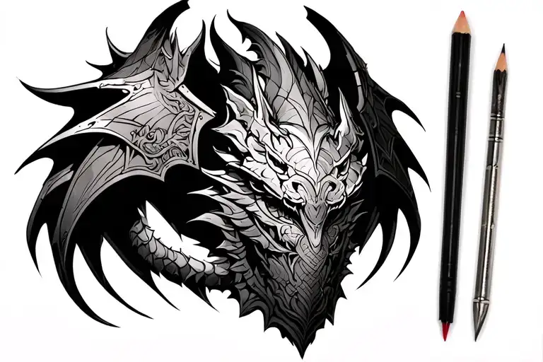 medevil armour on upper arm shoulder and chest with te flemish dragon  emblem on the chest tattoo design idea