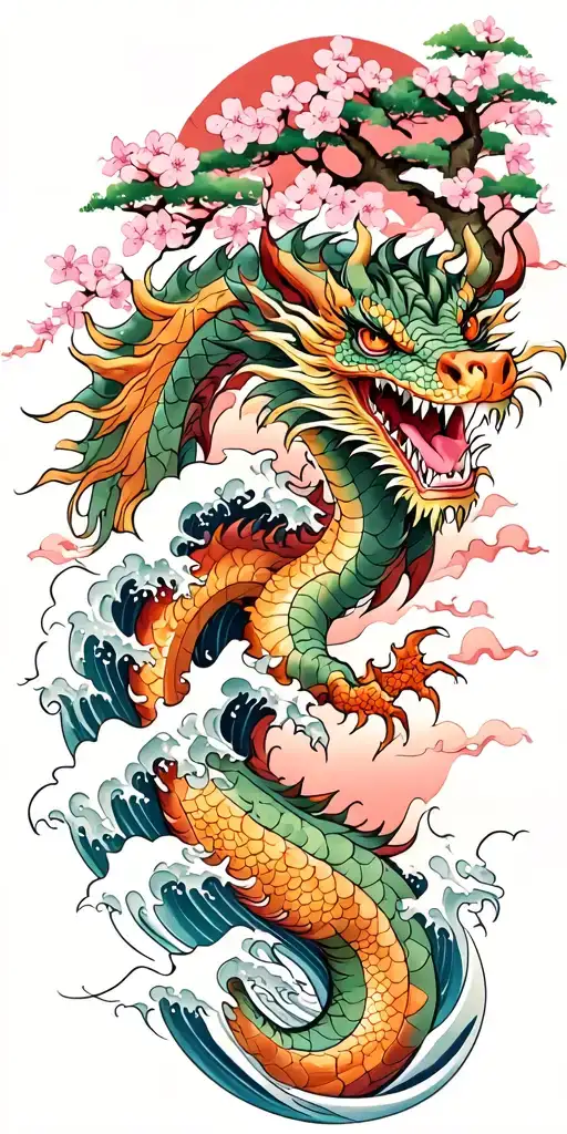 A fierce dragon emerging from the ocean waves with cherry blossom trees in the background tattoo design idea