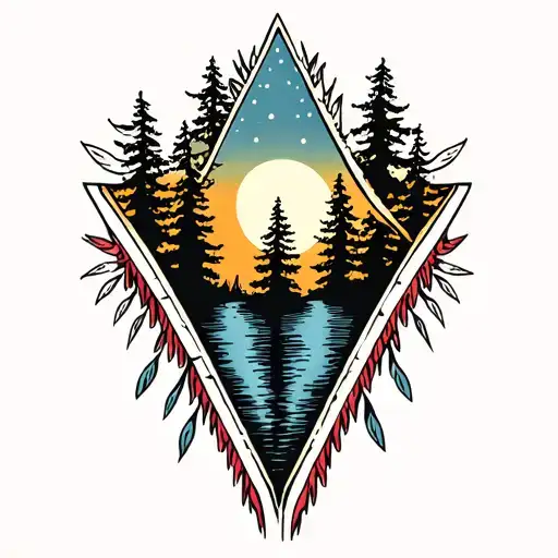 Arrowhead with moon and trees tattoo design idea