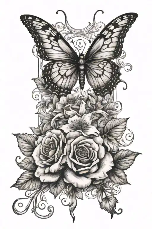 dagger, delicate flowers, butterfly, skeleton Hand signing I Love you tattoo design idea