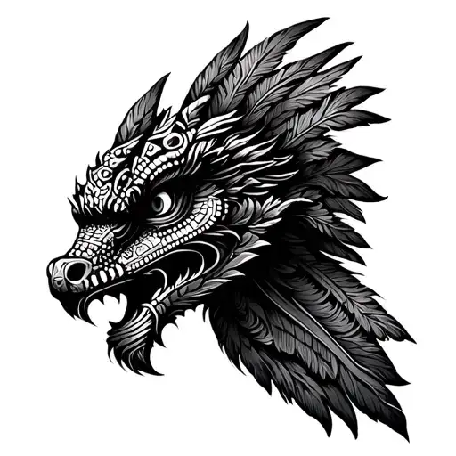 a side view face of the Aztec feathered serpent, Quetzalcoatl  tattoo design idea