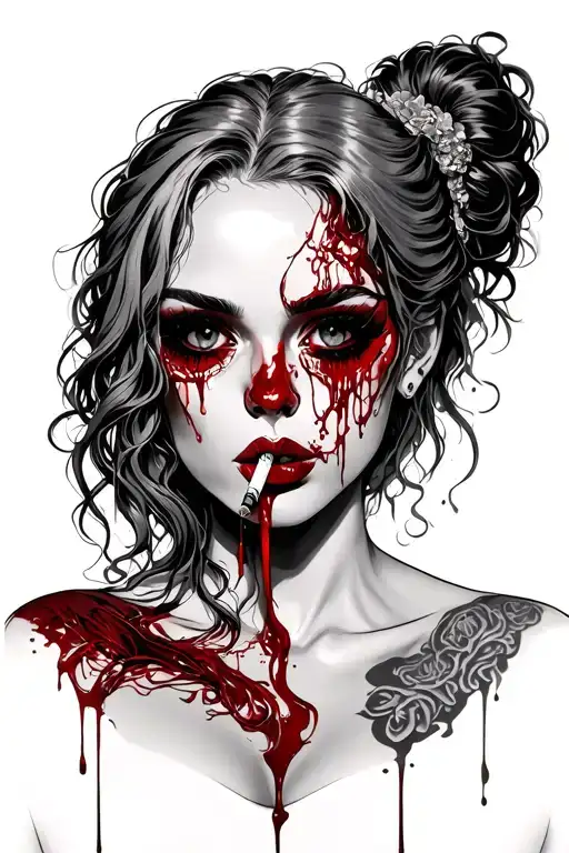 female with hair that runs own her shoulders and blood dripping out of eyes with a cigarette in mouth show cleavage tattoo design idea