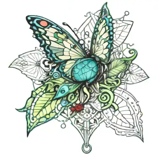 IMAGINE A TATOO FOR ARM WITH Enki bilal style: hibiscus + costarican blue butterfly and green poisonous dart frog tattoo design idea