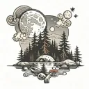 forest scene with mountains and sky with full moon and stars in background, pine trees with river, small red mushrooms  tattoo design idea