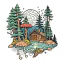 forest scene with mountains and sky with full moon and stars in background, pine trees with river, small red mushrooms  tattoo design idea