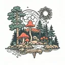 forest scene with mountains and sky with full moon and stars in background, pine trees with river, small red mushrooms  tattoo design idea