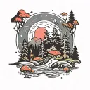 forest scene with mountains and sky with full moon and stars in background, pine trees with river, small red mushrooms  tattoo design idea