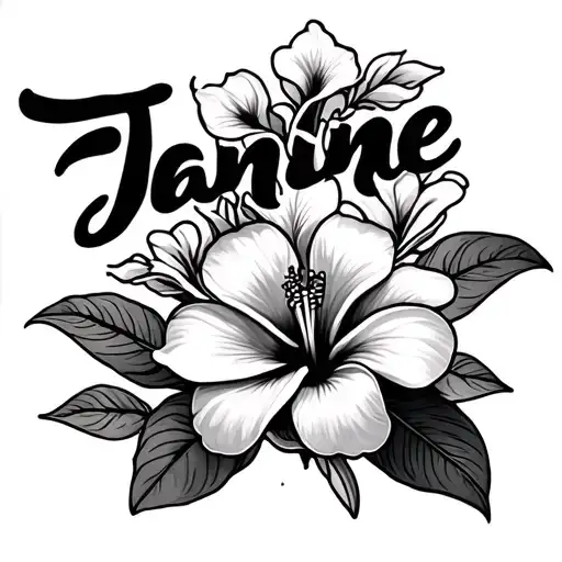 Frangipani and hibiscus flower with Janine written in Chicano font tattoo design idea