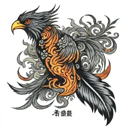 A phoenix feather with small flames on the sides tattoo design idea