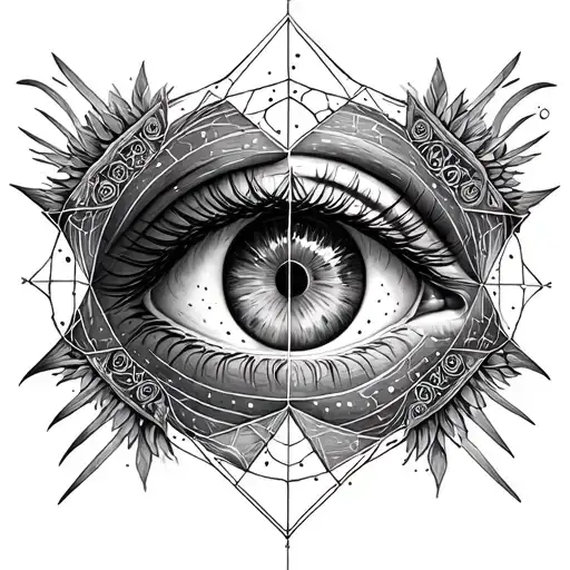 Sacred geometry Metatron's Cube merging with a realistic human eye in the center, dotwork shading, stippling texture tattoo design idea