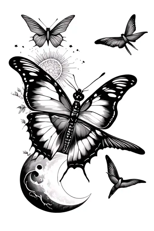 butterfly dragonfly hummingbird merged together with sun and moon incorporated tattoo design idea