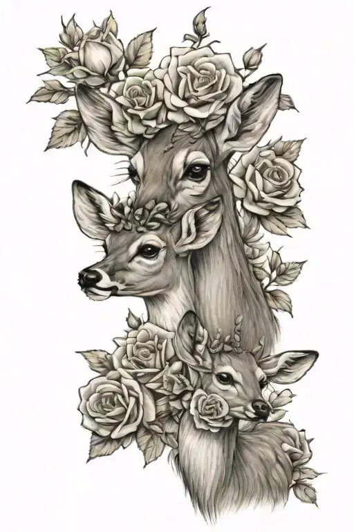mom and baby deer with roses tattoo design idea